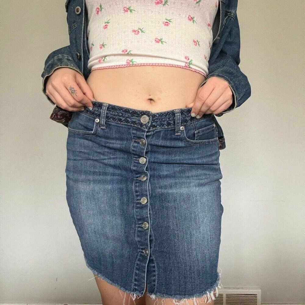 Denim Mini Skirt, Button Up, Pockets Front & Back, Dark Blue, Size M